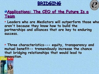 BRIDGINGBRIDGING
Applications: The CEO of the Future Is aApplications: The CEO of the Future Is a
TeamTeam
Leaders who are Mediators will outperform those whoLeaders who are Mediators will outperform those who
aren't because they know how to build thearen't because they know how to build the
partnerships and alliances that are key to enduringpartnerships and alliances that are key to enduring
success.success.
Three characteristics--- equity, transparency andThree characteristics--- equity, transparency and
mutual benefit-- tremendously increase the chancemutual benefit-- tremendously increase the chance
that bridging relationships that would lead tothat bridging relationships that would lead to
innovation.innovation.
 