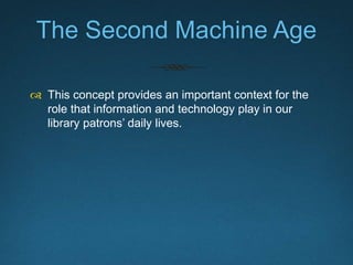 How Are Libraries Different?
 Libraries advocate technology and innovation.
 But so do many other institutions.
 How are libraries different?
 
