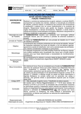 LAUDO TÉCNICO DE CONDIÇÕES DO AMBIENTE DE TRABALHO
LTCAT
NÚM. DOC. 01 VERSÃO 00 PÁGINA 10 de 20
LTCAT - Laudo Técnico de Condições do Ambiente de Trabalho. Em atendimento a NR 15 e 16 da portaria 3.214/78 do Ministério do Trabalho
ART Nº 1020220301014
AVALIAÇÃO DE FUNÇÃO
SETOR: GESTÃO FARMACÊUTICA
FUNÇÃO: FARMACÊUTICO
DESCRIÇÃO DE
ATIVIDADES
Realizam o controle de medicamentos no geral, realizam o controle SNGPC,
acompanham as receitas dos clientes, realizam a manutenção do ambiente
de trabalho, podendo realizar a conferência dos produtos dos fornecedores
e atualizando o sistema com os novos medicamentos e ou produtos da
drogaria. Responsável técnico pela gestão da drogaria, recepcionando
orgãos fiscalizadores e demais fornecedores. Realizam a venda direta e
indireta de produtos comercializados na drogaria, efetuando o lançamento no
sistema e conferindo o caixa após o expediente.
Descrição do Local
de Trabalho
O FARMACÊUTICO trabalha num ambiente com iluminação artificial,
ventilação natural, piso em cerâmica e paredes de alvenaria acabada e
pintada.
Jornada de Trabalho
A função de FARMACÊUTICO tem uma jornada de trabalho de 41 horas
de trabalhos semanais.
Objetivo
Levantamento das condições ambientais em dia normal de trabalho, através
de inspeções realizadas nos locais de trabalho, a fim de detectar agentes
agressivos a saúde do trabalhador, bem como caracterização das atividades
e/ou setores considerados insalubres ou periculosos.
Metodologia
Foi realizada inicialmente uma APR (Análise Preliminar de Riscos) visando
uma análise qualitativa para visualização dos riscos que a função estaria
exposta para que fosse determinada a necessidade de monitoramentos
quantitativos.
Equipamentosde
Medição
No monitoramento foi utilizado Luxímetro digital da Marca SMART SENSOR
Modelo AS803 e Decibelímetro digital Marca SMART SENSOR modelo
AS804;
Meus Comentários
Em vistoria em locuo, ficou-se constatado que a função de FARMACÊUTICO
está livre de quaisquer riscos que possa colocar sua integridade física em
risco. Analisando o resultado das avaliações dos agentes acima
mencionados, concluímos que de acordo com a INSS/PRES Nº. 77 – de 21
de Janeiro de 2015 Subseção IV da Aposentadoria Especial e anexo IV do
Decreto nº 3.048/99, a referida função se expõe de Modo Intermitente a
Agentes Biológicos no contato verbal com os pacientes nas visitas a
domicilio, não gerando direito a aposentadoria especial para as funções
deste GHE.
Código GFIP 01 - Não exposição à agente nocivo. Trabalhador já esteve exposto.
Conclusão
De acordo com a Norma Regulamentadora n. º 15,16 seus anexos, da
Portaria 3.214/78 e Lei 6.514/77 as atividades são consideradas insalubres
ou periculosas quando o trabalhador estiver exposto aos agentes nocivos à
saúde e à integridade física de modo habitual e permanente. Como podemos
observar a atividade de FARMACÊUTICO não está exposta aos riscos
físicos, químicos ou biológicos, de modo habitual e permanente que
caracterizam os fatores que justificam ao adicional de insalubridade /
periculosidade.
Responsável pela
Elaboração do Laudo
ANSELMO PEREIRA DE OLIVEIRA
Engenheiro de Segurança do Trabalho CREA CREA 5070566445/D-SP
 