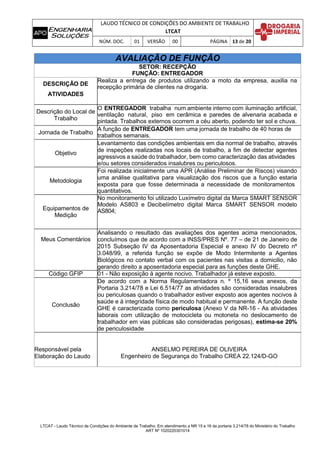 LAUDO TÉCNICO DE CONDIÇÕES DO AMBIENTE DE TRABALHO
LTCAT
NÚM. DOC. 01 VERSÃO 00 PÁGINA 13 de 20
LTCAT - Laudo Técnico de Condições do Ambiente de Trabalho. Em atendimento a NR 15 e 16 da portaria 3.214/78 do Ministério do Trabalho
ART Nº 1020220301014
AVALIAÇÃO DE FUNÇÃO
SETOR: RECEPÇÃO
FUNÇÃO: ENTREGADOR
DESCRIÇÃO DE
ATIVIDADES
Realiza a entrega de produtos utilizando a moto da empresa, auxilia na
recepção primária de clientes na drogaria.
Descrição do Local de
Trabalho
O ENTREGADOR trabalha num ambiente interno com iluminação artificial,
ventilação natural, piso em cerâmica e paredes de alvenaria acabada e
pintada. Trabalhos externos ocorrem a céu aberto, podendo ter sol e chuva.
Jornada de Trabalho
A função de ENTREGADOR tem uma jornada de trabalho de 40 horas de
trabalhos semanais.
Objetivo
Levantamento das condições ambientais em dia normal de trabalho, através
de inspeções realizadas nos locais de trabalho, a fim de detectar agentes
agressivos a saúde do trabalhador, bem como caracterização das atividades
e/ou setores considerados insalubres ou periculosos.
Metodologia
Foi realizada inicialmente uma APR (Análise Preliminar de Riscos) visando
uma análise qualitativa para visualização dos riscos que a função estaria
exposta para que fosse determinada a necessidade de monitoramentos
quantitativos.
Equipamentos de
Medição
No monitoramento foi utilizado Luxímetro digital da Marca SMART SENSOR
Modelo AS803 e Decibelímetro digital Marca SMART SENSOR modelo
AS804;
Meus Comentários
Analisando o resultado das avaliações dos agentes acima mencionados,
concluímos que de acordo com a INSS/PRES Nº. 77 – de 21 de Janeiro de
2015 Subseção IV da Aposentadoria Especial e anexo IV do Decreto nº
3.048/99, a referida função se expõe de Modo Intermitente a Agentes
Biológicos no contato verbal com os pacientes nas visitas a domicilio, não
gerando direito a aposentadoria especial para as funções deste GHE.
Código GFIP 01 - Não exposição à agente nocivo. Trabalhador já esteve exposto.
Conclusão
De acordo com a Norma Regulamentadora n. º 15,16 seus anexos, da
Portaria 3.214/78 e Lei 6.514/77 as atividades são consideradas insalubres
ou periculosas quando o trabalhador estiver exposto aos agentes nocivos à
saúde e à integridade física de modo habitual e permanente. A função deste
GHE é caracterizada como periculosa (Anexo V da NR-16 - As atividades
laborais com utilização de motocicleta ou motoneta no deslocamento de
trabalhador em vias públicas são consideradas perigosas), estima-se 20%
de periculosidade
Responsável pela
Elaboração do Laudo
ANSELMO PEREIRA DE OLIVEIRA
Engenheiro de Segurança do Trabalho CREA 22.124/D-GO
 
