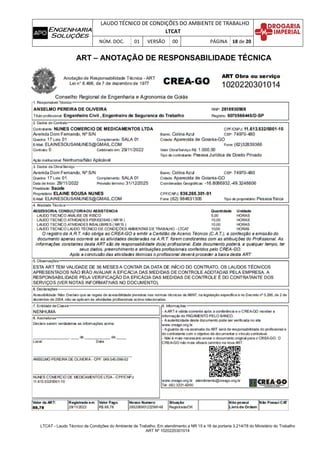 LAUDO TÉCNICO DE CONDIÇÕES DO AMBIENTE DE TRABALHO
LTCAT
NÚM. DOC. 01 VERSÃO 00 PÁGINA 18 de 20
LTCAT - Laudo Técnico de Condições do Ambiente de Trabalho. Em atendimento a NR 15 e 16 da portaria 3.214/78 do Ministério do Trabalho
ART Nº 1020220301014
ART – ANOTAÇÃO DE RESPONSABILIDADE TÉCNICA
 