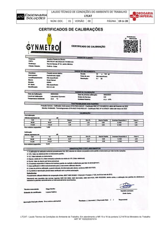 LAUDO TÉCNICO DE CONDIÇÕES DO AMBIENTE DE TRABALHO
LTCAT
NÚM. DOC. 01 VERSÃO 00 PÁGINA 19 de 20
LTCAT - Laudo Técnico de Condições do Ambiente de Trabalho. Em atendimento a NR 15 e 16 da portaria 3.214/78 do Ministério do Trabalho
ART Nº 1020220301014
CERTIFICADOS DE CALIBRAÇÕES
 