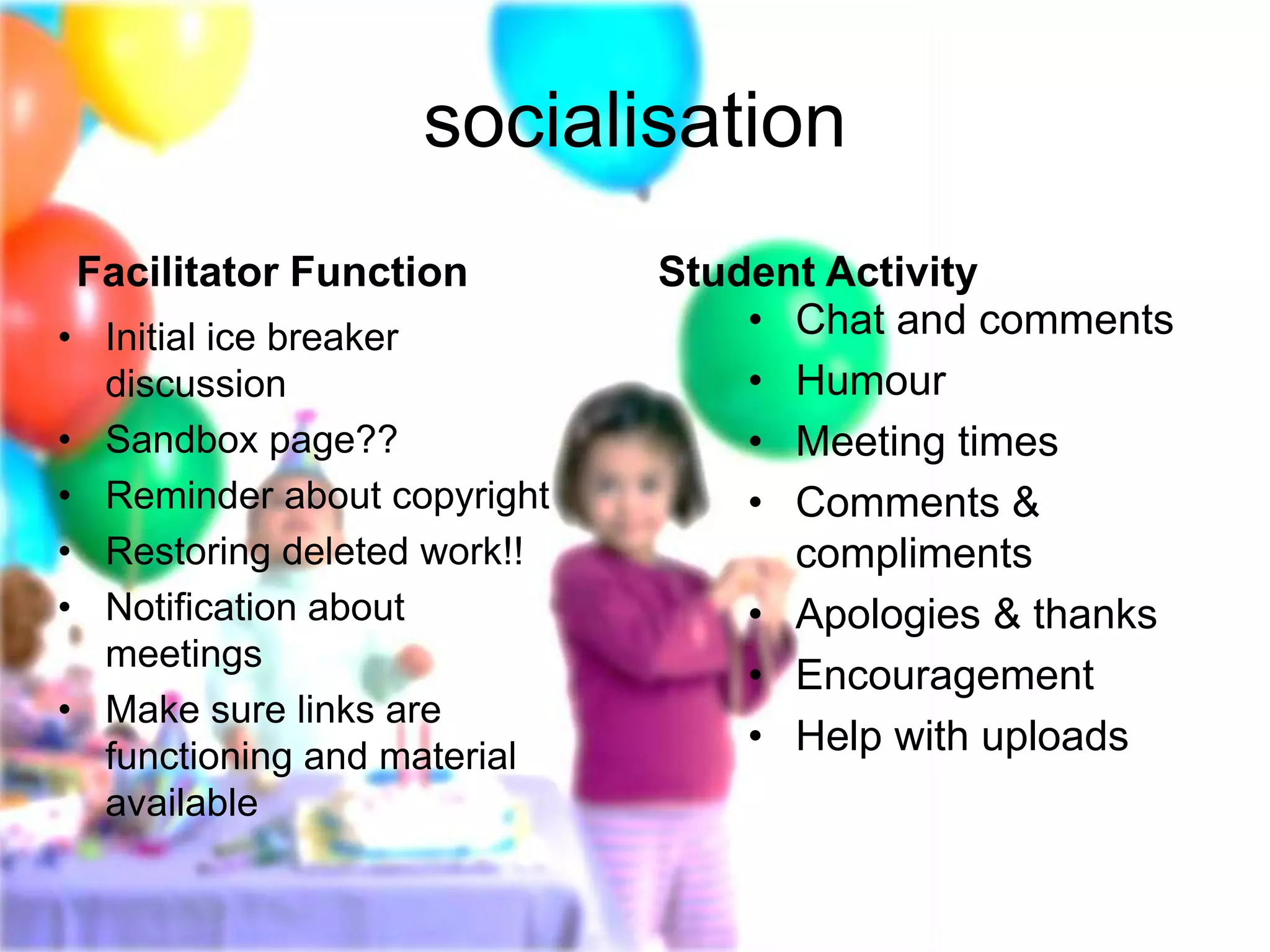 socialisation
Facilitator Function         Student Activity
• Initial ice breaker            • Chat and comments
  discussion                     • Humour
• Sandbox page??                 • Meeting times
• Reminder about copyright       • Comments &
• Restoring deleted work!!         compliments
• Notification about             • Apologies & thanks
  meetings
                                 • Encouragement
• Make sure links are
  functioning and material       • Help with uploads
  available
 