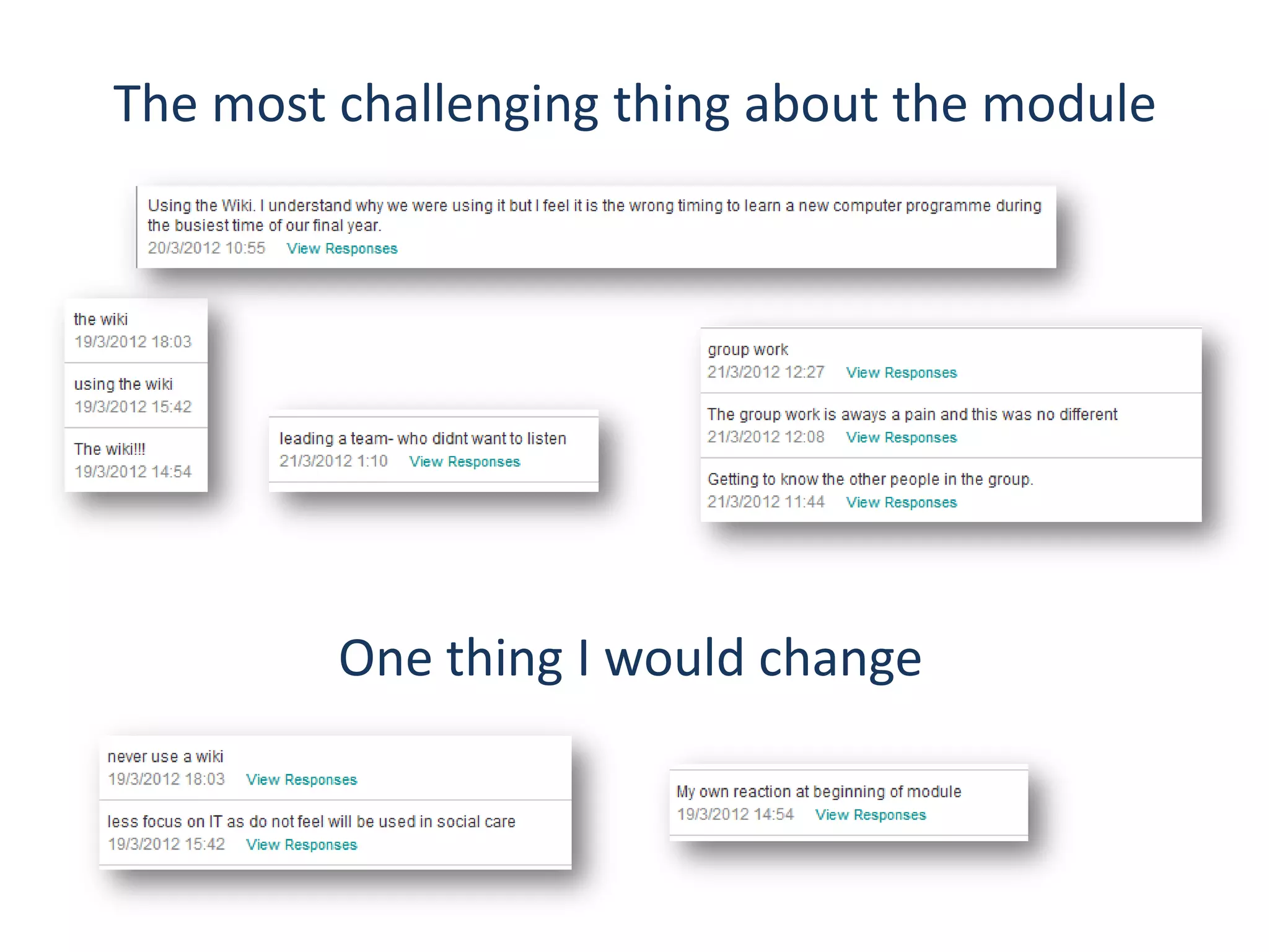 The most challenging thing about the module




         One thing I would change
 