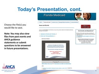 Today’s Presentation, cont.
Choose the file(s) you
would like to save.
Note: You may also view
files from past events and
AHCA guidance
statements or submit
questions to be answered
in future presentations.
5
 