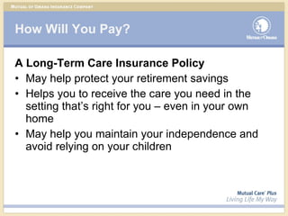 How Will You Pay? A Long-Term Care Insurance Policy May help protect your retirement savings Helps you to receive the care you need in the setting that’s right for you – even in your own home May help you maintain your independence and avoid relying on your children 