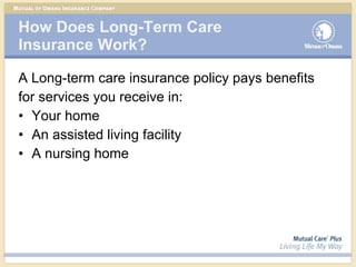 How Does Long-Term Care Insurance Work? A Long-term care insurance policy pays benefits for services you receive in: Your home An assisted living facility A nursing home 