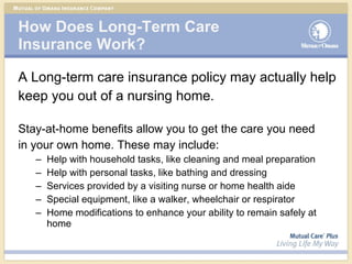 How Does Long-Term Care Insurance Work? A Long-term care insurance policy may actually help keep you out of a nursing home. Stay-at-home benefits allow you to get the care you need  in your own home. These may include: Help with household tasks, like cleaning and meal preparation Help with personal tasks, like bathing and dressing Services provided by a visiting nurse or home health aide Special equipment, like a walker, wheelchair or respirator Home modifications to enhance your ability to remain safely at home 