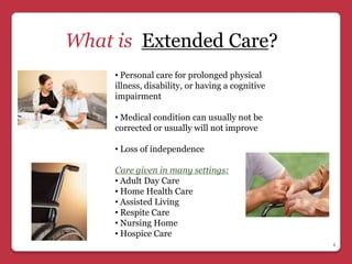 What is Extended Care?
     • Personal care for prolonged physical
     illness, disability, or having a cognitive
     impairment

     • Medical condition can usually not be
     corrected or usually will not improve

     • Loss of independence

     Care given in many settings:
     • Adult Day Care
     • Home Health Care
     • Assisted Living
     • Respite Care
     • Nursing Home
     • Hospice Care
                                                  4
 