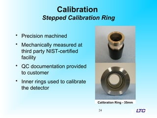 Calibration
Stepped Calibration Ring
24
• Precision machined
• Mechanically measured at
third party NIST-certified
facility
• QC documentation provided
to customer
• Inner rings used to calibrate
the detector
Calibration Ring - 35mm
 