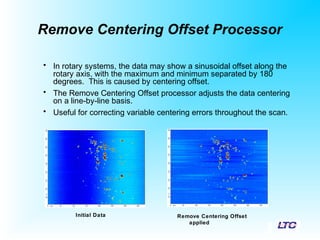 Remove Centering Offset Processor
• In rotary systems, the data may show a sinusoidal offset along the
rotary axis, with the maximum and minimum separated by 180
degrees. This is caused by centering offset.
• The Remove Centering Offset processor adjusts the data centering
on a line-by-line basis.
• Useful for correcting variable centering errors throughout the scan.
Remove Centering Offset
applied
Initial Data
 