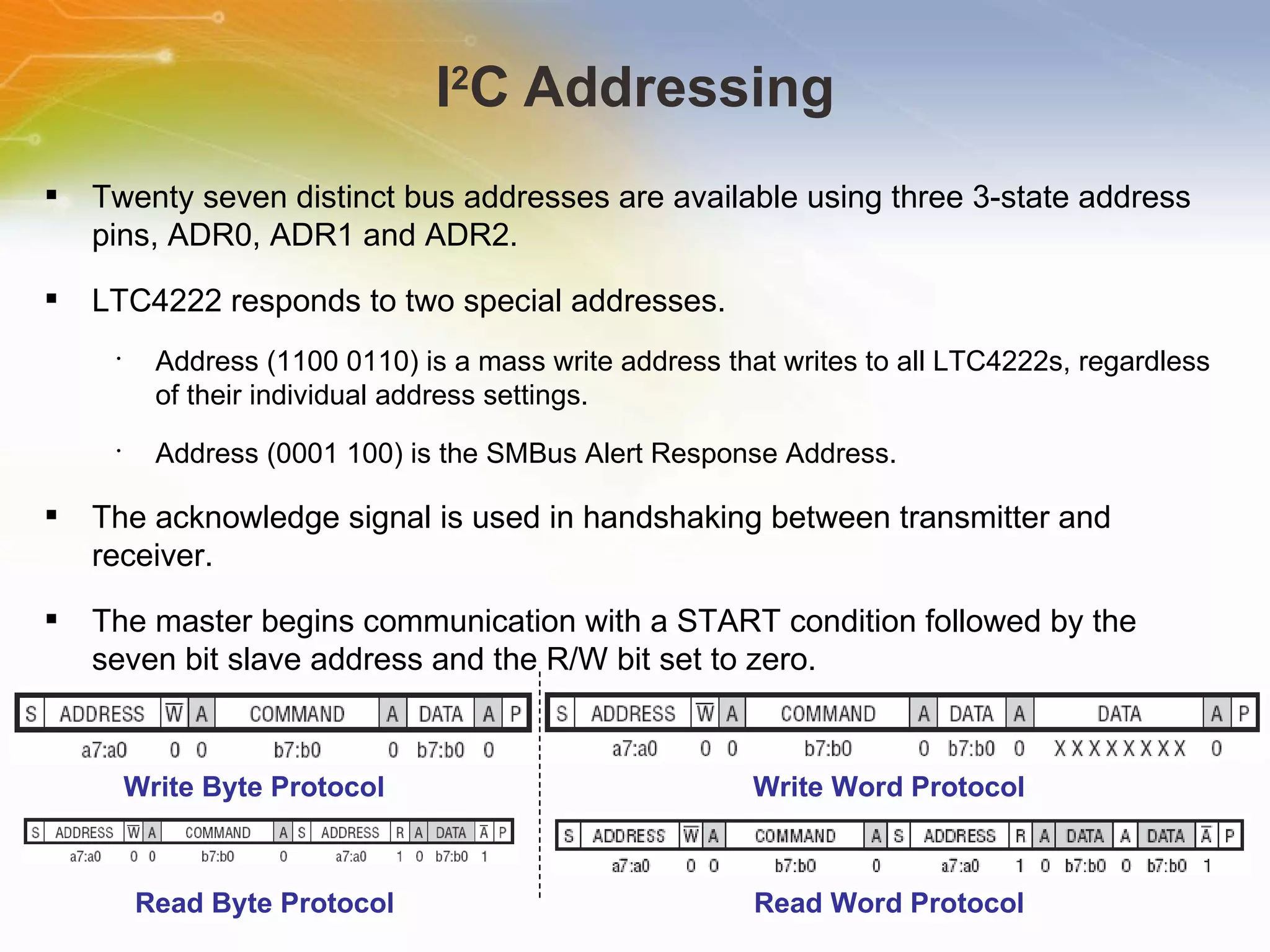 I 2 C Addressing Twenty   seven   distinct   bus   addresses   are   available   using   three   3-state   address   pins,   ADR0,   ADR1   and   ADR2. LTC4222   responds   to   two   special   addresses.   Address   (1100   0110)   is   a   mass   write   address   that   writes   to   all   LTC4222s,   regardless   of   their   individual   address   settings. Address   (0001   100)   is   the   SMBus   Alert   Response   Address. The   acknowledge   signal   is   used   in   handshaking   between   transmitter   and   receiver. The   master   begins   communication   with   a   START   condition   followed   by   the   seven   bit   slave   address   and   the   R/W   bit   set   to   zero. Write Word Protocol Read Byte Protocol Write Byte Protocol Read Word Protocol 