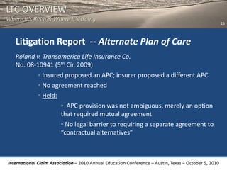 LTC OVERVIEW
Where It’s Been & Where It’s Going
                                                                                                       25




   Litigation Report -- Alternate Plan of Care
   Roland v. Transamerica Life Insurance Co.
   No. 08-10941 (5th Cir. 2009)
           ◦ Insured proposed an APC; insurer proposed a different APC
           ◦ No agreement reached
           ◦ Held:
                   ◦ APC provision was not ambiguous, merely an option
                   that required mutual agreement
                   ◦ No legal barrier to requiring a separate agreement to
                   “contractual alternatives”



International Claim Association – 2010 Annual Education Conference – Austin, Texas – October 5, 2010
 