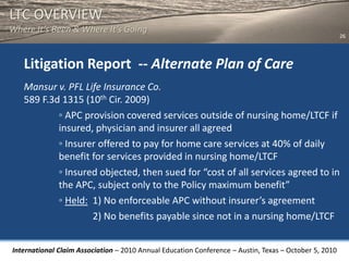 LTC OVERVIEW
Where It’s Been & Where It’s Going
                                                                                                       26




   Litigation Report -- Alternate Plan of Care
   Mansur v. PFL Life Insurance Co.
   589 F.3d 1315 (10th Cir. 2009)
           ◦ APC provision covered services outside of nursing home/LTCF if
           insured, physician and insurer all agreed
           ◦ Insurer offered to pay for home care services at 40% of daily
           benefit for services provided in nursing home/LTCF
           ◦ Insured objected, then sued for “cost of all services agreed to in
           the APC, subject only to the Policy maximum benefit”
           ◦ Held: 1) No enforceable APC without insurer’s agreement
                   2) No benefits payable since not in a nursing home/LTCF


International Claim Association – 2010 Annual Education Conference – Austin, Texas – October 5, 2010
 