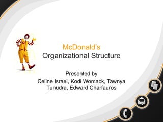 McDonald’s
Organizational Structure
Presented by
Celine Israel, Kodi Womack, Tawnya
Tunudra, Edward Charfauros
 