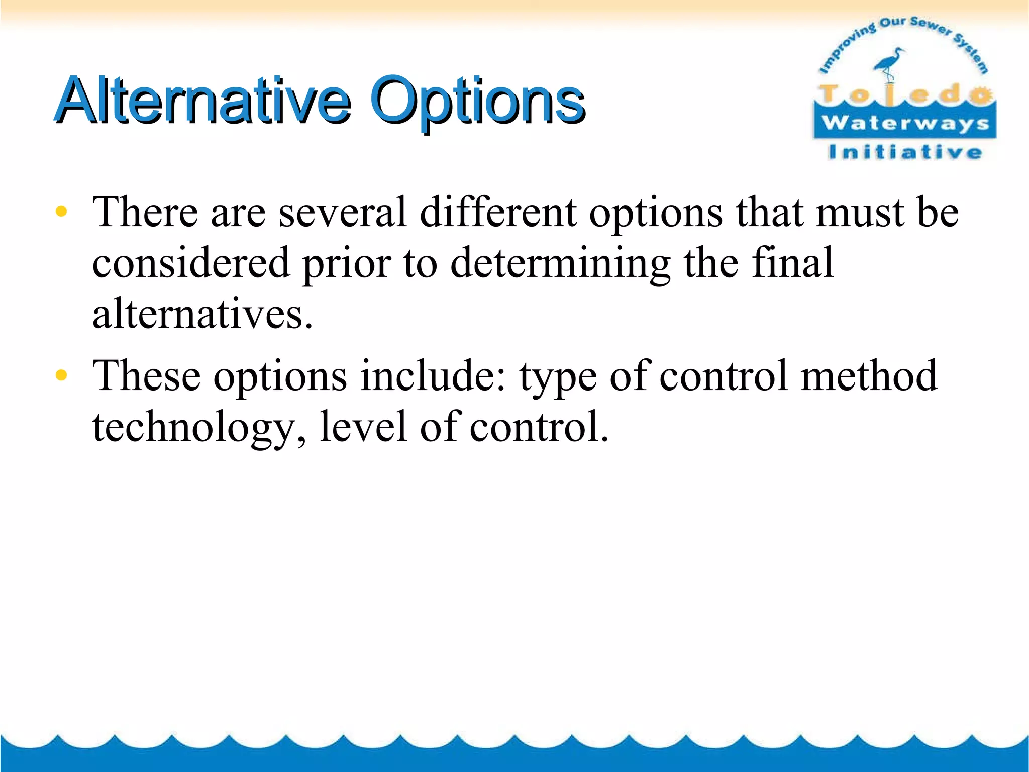 Alternative Options There are several different options that must be considered prior to determining the final alternatives.  These options include: type of control method technology, level of control.  
