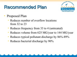 Recommended PlanRecommended Plan
• Proposed Plan
• Reduces number of overflow locations
from 32 to 23
• Reduces frequency from 33 to 4 (untreated)
• Reduces volume from 625 MG/year to 144 MG/year
• Reduces typical pollutant discharge by 86%-89%
• Reduces bacterial discharge by 90%
 