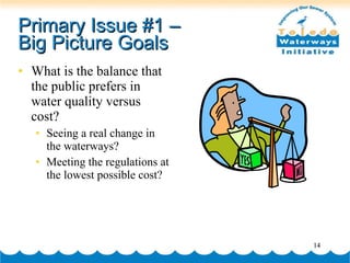 Primary Issue #1 –  Big Picture Goals What is the balance that the public prefers in water quality versus cost? Seeing a real change in the waterways? Meeting the regulations at the lowest possible cost? 
