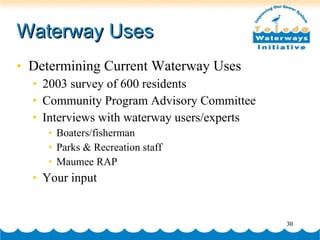 Waterway Uses Determining Current Waterway Uses 2003 survey of 600 residents Community Program Advisory Committee Interviews with waterway users/experts Boaters/fisherman Parks & Recreation staff Maumee RAP Your input 