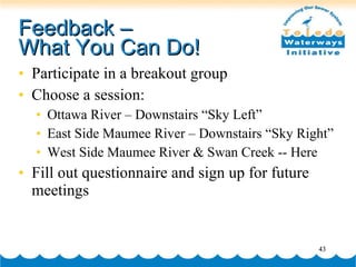 Feedback –  What You Can Do! Participate in a breakout group Choose a session: Ottawa River – Downstairs “Sky Left” East Side Maumee River – Downstairs “Sky Right” West Side Maumee River & Swan Creek -- Here Fill out questionnaire and sign up for future meetings 