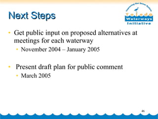 Next Steps Get public input on proposed alternatives at meetings for each waterway November 2004 – January 2005 Present draft plan for public comment March 2005 
