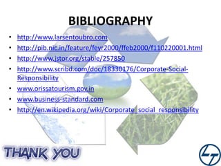 BIBLIOGRAPHY
•
•
•
•

http://www.larsentoubro.com
http://pib.nic.in/feature/feyr2000/ffeb2000/f110220001.html
http://www.jstor.org/stable/257850
http://www.scribd.com/doc/18330176/Corporate-SocialResponsibility
• www.orissatourism.gov.in
• www.business-standard.com
• http://en.wikipedia.org/wiki/Corporate_social_responsibility

 