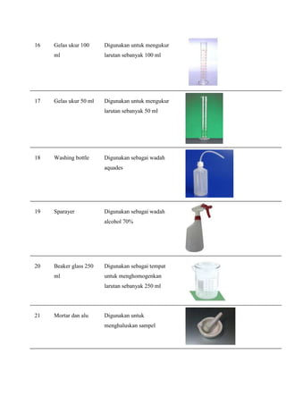16   Gelas ukur 100     Digunakan untuk mengukur
     ml                 larutan sebanyak 100 ml




17   Gelas ukur 50 ml   Digunakan untuk mengukur
                        larutan sebanyak 50 ml




18   Washing bottle     Digunakan sebagai wadah
                        aquades




19   Sparayer           Digunakan sebagai wadah
                        alcohol 70%




20   Beaker glass 250   Digunakan sebagai tempat
     ml                 untuk menghomogenkan
                        larutan sebanyak 250 ml




21   Mortar dan alu     Digunakan untuk
                        menghaluskan sampel
 