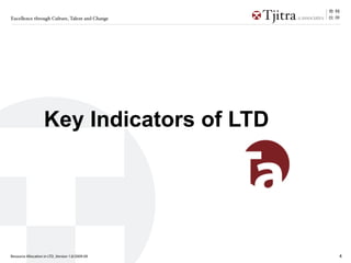 Excellence through Culture, Talent and Change




                   Key Indicators of LTD




Resource Allocation in LTD_Version 1.0/2009-09   4
 