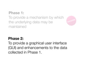 Phase 1:
To provide a mechanism by which                 S!
                                            CES
the underlying data may be              SUC


maintained


Phase 2:
To provide a graphical user interface
(GUI) and enhancements to the data
collected in Phase 1.
 