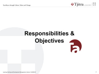Excellence through Culture, Talent and Change




                                          Responsibilities &
                                             Objectives




Learning, Training and Development Management_Version 1.0/2009-09   7
 