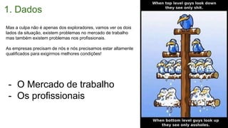 1. Dados
- O Mercado de trabalho
- Os profissionais
Mas a culpa não é apenas dos exploradores, vamos ver os dois
lados da situação, existem problemas no mercado de trabalho
mas também existem problemas nos profissionais.
As empresas precisam de nós e nós precisamos estar altamente
qualificados para exigirmos melhores condições!
 