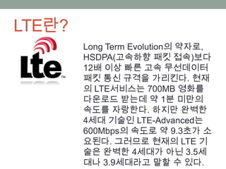շ랶?
        Long Term Evolution의 약자로,
        HSDPA(고속하향 패킷 접속)보다
        12배 이상 빠른 고속 무선데이터
        패킷 통신 규격을 가리킨다. 현재
        의 LTE서비스는 700MB 영화를
        다운로드 받는데 약 1분 미만의
        속도를 자랑한다. 하지만 완벽한
        4세대 기술인 LTE-Advanced는
        600Mbps의 속도로 약 9.3초가 소
        요된다. 그러므로 현재의 LTE 기
        술은 완벽한 4세대가 아닌 3.5세
        대나 3.9세대라고 말할 수 있다.
 
