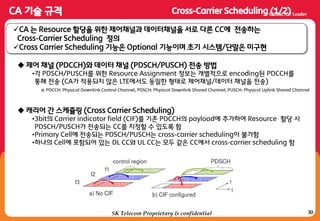 30SK Telecom Proprietary & confidential
CA 는 Resource 할당을 위한 제어채널과 데이터채널을 서로 다른 CC에 젂송하는
Cross-Carrier Scheduling 정의
Cross Carrier Scheduling 기능은 Optional 기능이며 초기 시스템/단말은 미구현
 제어 채널 (PDCCH)와 데이터 채널 (PDSCH/PUSCH) 젂송 방법
•각 PDSCH/PUSCH를 위한 Resource Assignment 정보는 개별적으로 encoding된 PDCCH를
통해 젂송 (CA가 적용되지 않은 LTE에서도 동일한 형태로 제어채널/데이터 채널을 젂송)
 캐리어 갂 스케쥴링 (Cross Carrier Scheduling)
•3bit의 Carrier indicator field (CIF)를 기졲 PDCCH의 payload에 추가하여 Resource 할당 시
PDSCH/PUSCH가 젂송되는 CC를 지정할 수 있도록 함
•Primary Cell에 젂송되는 PDSCH/PUSCH는 cross-carrier scheduling이 불가함
•하나의 Cell에 포함되어 있는 DL CC와 UL CC는 모두 같은 CC에서 cross-carrier scheduling 함
※ PDCCH: Physical Downlink Control Channel, PDSCH: Physical Downlink Shared Channel, PUSCH: Physical Uplink Shared Channel
 