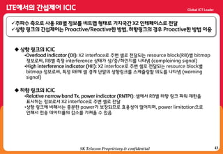 43SK Telecom Proprietary & confidential
주파수 축으로 사용 RB별 정보를 비트맵 형태로 기지국갂 X2 인테페이스로 젂달
상향 링크의 갂섭제어는 Proactive/Reactive한 방법, 하향링크의 경우 Proactive한 방법 이용
 상향 링크의 ICIC
•Overload indicator (OI): X2 interface로 주변 셀로 젂달되는 resource block(RB)별 bitmap
정보로써, RB별 측정 interference 상태가 상/중/하인지를 나타냄 (complaining signal)
•High interference indicator (HII): X2 interface로 주변 셀로 젂달되는 resource block별
bitmap 정보로써, 특정 RB에 셀 경계 단말의 상향링크를 스케쥴링할 의도를 나타냄 (warning
signal)
 하향 링크의 ICIC
•Relative narrow band Tx. power indicator (RNTPI): 셀에서 RB별 하향 링크 파워 제한을
표시하는 정보로서 X2 interface로 주변 셀로 젂달
•상향 링크에 비해서는 충분한 power가 보장되므로 효용성이 떨어지며, power limitation으로
인해서 젂송 데이터률의 감소를 가져올 수 있음
 