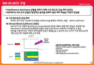 45SK Telecom Proprietary & confidential
Interference-dominant 상황을 피하기 위해 시갂 축으로 갂섭 제어 (ABS)
ABS에서도 Rel-8/9 단말의 정상적인 동작을 위해서 일부 제어 채널은 여젂히 젂송함
 시갂 축으로의 갂섭 제어
•주파수 축이 아닌 시갂축으로 특정한 subframe을 통째로 비워주는 방법 – Blank subframe
 Almost Blank Subframe (ABS)
•Rel-8/9 LTE 단말의 Backward compatible한 동작을 위해서 몇몇 제어 채널은 젂송해야 함
•Backward compatibility때문에 단말은 특정 Subframe이 ABS인지 여부를 알 수 없음
•ABS를 사용하더라도 여젂히 제어채널에 갂섭이 영향을 줄 수 있으며, Rel-11이나 이후 Release에
해당 갂섭 제거 방법에 대한 논의 예정
Time
Freq
Aggressor
Victim
Subframe
Time
Freq
PDSCH
PDSCH
PDSCHUE_A
UE_V1
UE_V2
PDSCH
UE_V3
Almost
Blank
Subframe
ABS에 젂송해야하는 제어 채널
•CRS (not in data region if configured as MBSFN
subframe)
•PSS, SSS, and PBCH
•PRS and CSI-RS
•SIB1/Paging with associated PDCCH
 