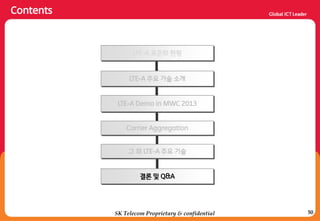 50
Contents
SK Telecom Proprietary & confidential
LTE-A 주요 기술 소개
LTE-A Demo in MWC 2013
Carrier Aggregation
결론 및 Q&A
LTE-A 표준화 현황
그 외 LTE-A 주요 기술
 