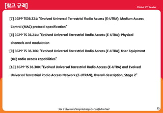 53SK Telecom Proprietary & confidential
[7] :GPP TS:6.:29: “Evolved Univers=l Terrestri=l R=dio A??ess (E-UTRA); Medium Access
Control (MAC) proto?ol spe?ifi?=tion”
[<] :GPP TS :6.299: “Evolved Univers=l Terrestri=l R=dio A??ess (E-UTRA); Physical
channels and modulation
[9] :GPP TS :6.:86: “Evolved Univers=l Terrestri=l R=dio A??ess (E-UTRA); User Equipment
(UE) r=dio =??ess ?=p=>ilities”
[98] :GPP TS :6.:88: “Evolved Univers=l Terrestri=l R=dio A??ess (E-UTRA) and Evolved
Universal Terrestrial Radio Access Network (E-UTRAN); Over=ll des?ription; St=ge 2”
 