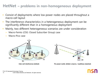 TTA LTE Standards/Technology Training
12 © 2013 Nokia Solutions and Networks. All rights reserved.
HetNet – problems in non-homogeneous deployment
• Consist of deployments where low power nodes are placed throughout a
macro-cell layout
• The interference characteristics in a heterogeneous deployment can be
significantly different than in a homogeneous deployment
• Mainly, two different heterogeneous scenarios are under consideration
– Macro-Femto (CSG: Closed Subscriber Group) case
– Macro-Pico case
 