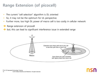 TTA LTE Standards/Technology Training
13 © 2013 Nokia Solutions and Networks. All rights reserved.
Range Extension (of picocell)
• The current “cell selection” algorithm is DL oriented
• So, it may not be the optimum for UL perspective.
• Further more, too high DL power of macro cell is too costly in cellular network
 Range extension of picocell
 but, this can lead to significant interference issue in extended range
 