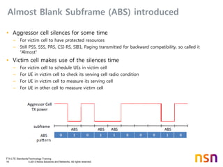TTA LTE Standards/Technology Training
16 © 2013 Nokia Solutions and Networks. All rights reserved.
Almost Blank Subframe (ABS) introduced
• Aggressor cell silences for some time
– For victim cell to have protected resources
– Still PSS, SSS, PRS, CSI-RS, SIB1, Paging transmitted for backward compatibility, so called it
“Almost”
• Victim cell makes use of the silences time
– For victim cell to schedule UEs in victim cell
– For UE in victim cell to check its serving cell radio condition
– For UE in victim cell to measure its serving cell
– For UE in other cell to measure victim cell
 