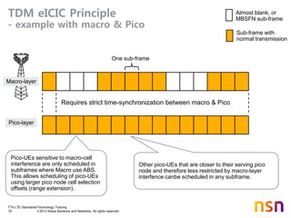 TTA LTE Standards/Technology Training
19 © 2013 Nokia Solutions and Networks. All rights reserved.
TDM eICIC Principle
- example with macro & Pico
Requires strict time-synchronization between macro & Pico
Macro-layer
Pico-layer
One sub-frame
Other pico-UEs that are closer to their serving pico
node and therefore less restricted by macro-layer
interfence canbe scheduled in any subframe.
Pico-UEs sensitive to macro-cell
interference are only scheduled in
subframes where Macro use ABS.
This allows scheduling of pico-UEs
using larger pico node cell selection
offsets (range extension).
Almost blank, or
MBSFN sub-frame
Sub-frame with
normal transmission
 