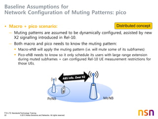 TTA LTE Standards/Technology Training
22 © 2013 Nokia Solutions and Networks. All rights reserved.
Baseline Assumptions for
Network Configuration of Muting Patterns: pico
• Macro + pico scenario:
– Muting patterns are assumed to be dynamically configured, assisted by new
X2 signalling introduced in Rel-10.
– Both macro and pico needs to know the muting pattern:
 Macro-eNB will apply the muting pattern (i.e. will mute some of its subframes)
 Pico-eNB needs to know so it only schedule its users with large range extension
during muted subframes + can configured Rel-10 UE measurement restrictions for
those UEs.
Distributed concept
 