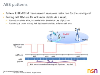 TTA LTE Standards/Technology Training
27 © 2013 Nokia Solutions and Networks. All rights reserved.
ABS patterns
• Pattern 1: RRM/RLM measurement resources restriction for the serving cell
• Serving cell RLM results look more stable. As a result,
– For PUE (UE under Pico), RLF declaration avoided at CRE of pico cell
– For MUE (UE under Macro), RLF declaration avoided at femto cell area
 