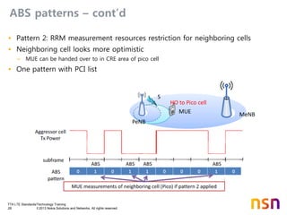 TTA LTE Standards/Technology Training
28 © 2013 Nokia Solutions and Networks. All rights reserved.
ABS patterns – cont’d
• Pattern 2: RRM measurement resources restriction for neighboring cells
• Neighboring cell looks more optimistic
– MUE can be handed over to in CRE area of pico cell
• One pattern with PCI list
 