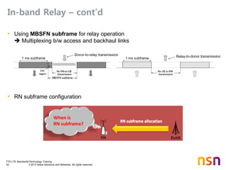 TTA LTE Standards/Technology Training
42 © 2013 Nokia Solutions and Networks. All rights reserved.
In-band Relay – cont’d
• Using MBSFN subframe for relay operation
 Multiplexing b/w access and backhaul links
• RN subframe configuration
 