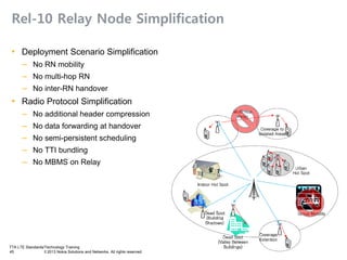 TTA LTE Standards/Technology Training
45 © 2013 Nokia Solutions and Networks. All rights reserved.
Rel-10 Relay Node Simplification
• Deployment Scenario Simplification
– No RN mobility
– No multi-hop RN
– No inter-RN handover
• Radio Protocol Simplification
– No additional header compression
– No data forwarding at handover
– No semi-persistent scheduling
– No TTI bundling
– No MBMS on Relay
 