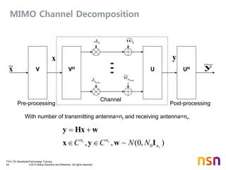 TTA LTE Standards/Technology Training
44 © 2013 Nokia Solutions and Networks. All rights reserved.
x~
x
V VH U UH
y
minn
1 1
~w
min
~
nw

Pre-processing Post-processing
Channel
),0(~,, 0 r
rt
n
nn
NΝCC Iwyx
wHxy


y~
With number of transmitting antenna=nt and receiving antenna=nr,
MIMO Channel Decomposition
 