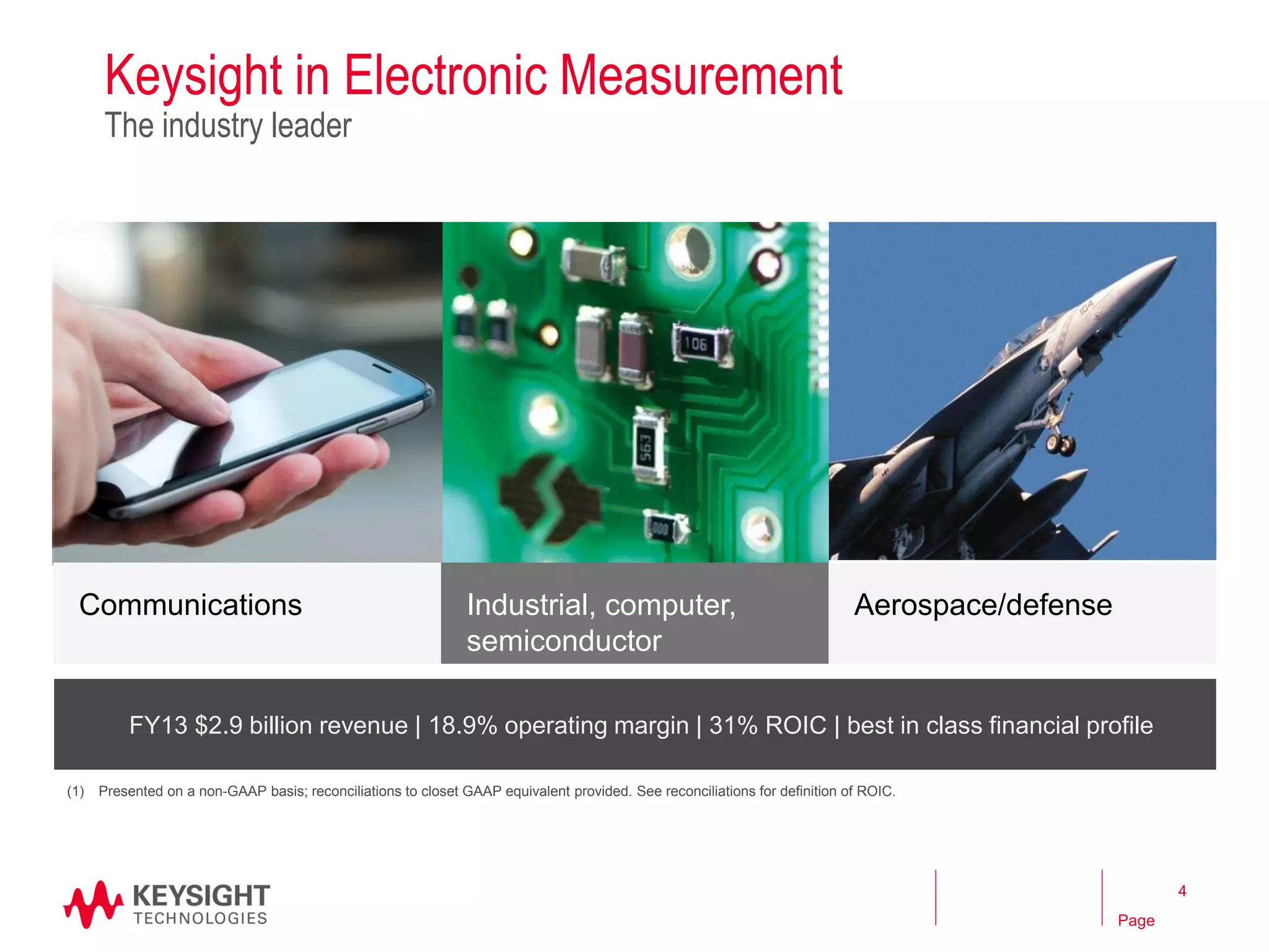 Page 
FY13 $2.9 billion revenue | 18.9% operating margin | 31% ROIC | best in class financial profile 
Communications 
Industrial, computer, semiconductor 
Aerospace/defense 
Keysight in Electronic Measurement The industry leader 
(1)Presented on a non-GAAP basis; reconciliations to closet GAAP equivalent provided. See reconciliations for definition of ROIC. 
4  