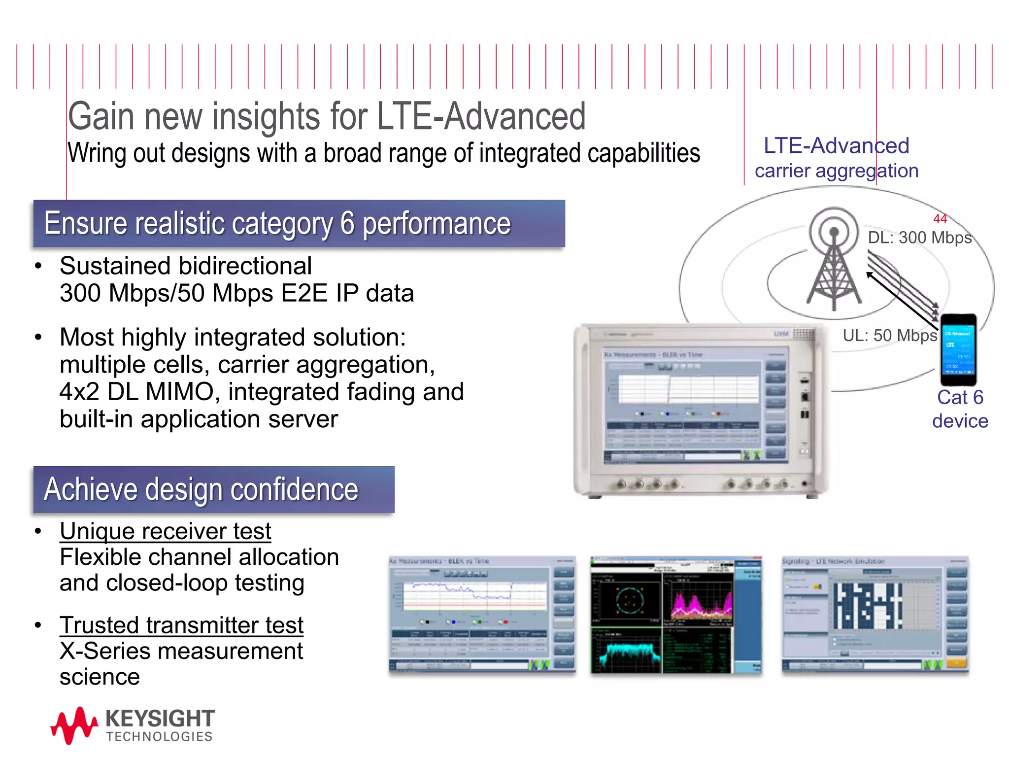 Page 
•Unique receiver test Flexible channel allocation and closed-loop testing 
•Trusted transmitter test X-Series measurement science 
•Sustained bidirectional 300 Mbps/50 Mbps E2E IP data 
•Most highly integrated solution: multiple cells, carrier aggregation, 4x2 DL MIMO, integrated fading and built-in application server 
Ensure realistic category 6 performance 
Achieve design confidence 
LTE-Advanced carrier aggregation 
Cat 6 
device 
DL: 300 Mbps 
UL: 50 Mbps 
Gain new insights for LTE-Advanced Wring out designs with a broad range of integrated capabilities 
44  