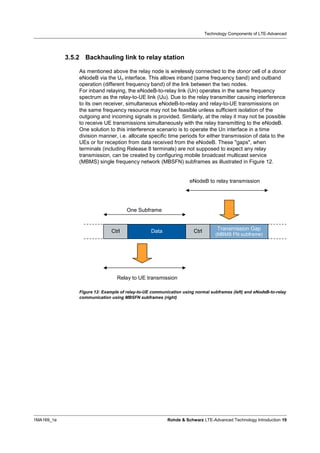 Technology Components of LTE-Advanced




            3.5.2 Backhauling link to relay station

                As mentioned above the relay node is wirelessly connected to the donor cell of a donor
                eNodeB via the Un interface. This allows inband (same frequency band) and outband
                operation (different frequency band) of the link between the two nodes.
                For inband relaying, the eNodeB-to-relay link (Un) operates in the same frequency
                spectrum as the relay-to-UE link (Uu). Due to the relay transmitter causing interference
                to its own receiver, simultaneous eNodeB-to-relay and relay-to-UE transmissions on
                the same frequency resource may not be feasible unless sufficient isolation of the
                outgoing and incoming signals is provided. Similarly, at the relay it may not be possible
                to receive UE transmissions simultaneously with the relay transmitting to the eNodeB.
                One solution to this interference scenario is to operate the Un interface in a time
                division manner, i.e. allocate specific time periods for either transmission of data to the
                UEs or for reception from data received from the eNodeB. These "gaps", when
                terminals (including Release 8 terminals) are not supposed to expect any relay
                transmission, can be created by configuring mobile broadcast multicast service
                (MBMS) single frequency network (MBSFN) subframes as illustrated in Figure 12.


                                                                   eNodeB to relay transmission




                                      One Subframe


                               Ctrl              Data                Ctrl        Transmission Gap
                                                                                 (MBMS FN subframe)




                                 Relay to UE transmission

                Figure 12: Example of relay-to-UE communication using normal subframes (left) and eNodeB-to-relay
                communication using MBSFN subframes (right)




1MA169_1e                                                Rohde & Schwarz LTE-Advanced Technology Introduction 19
 